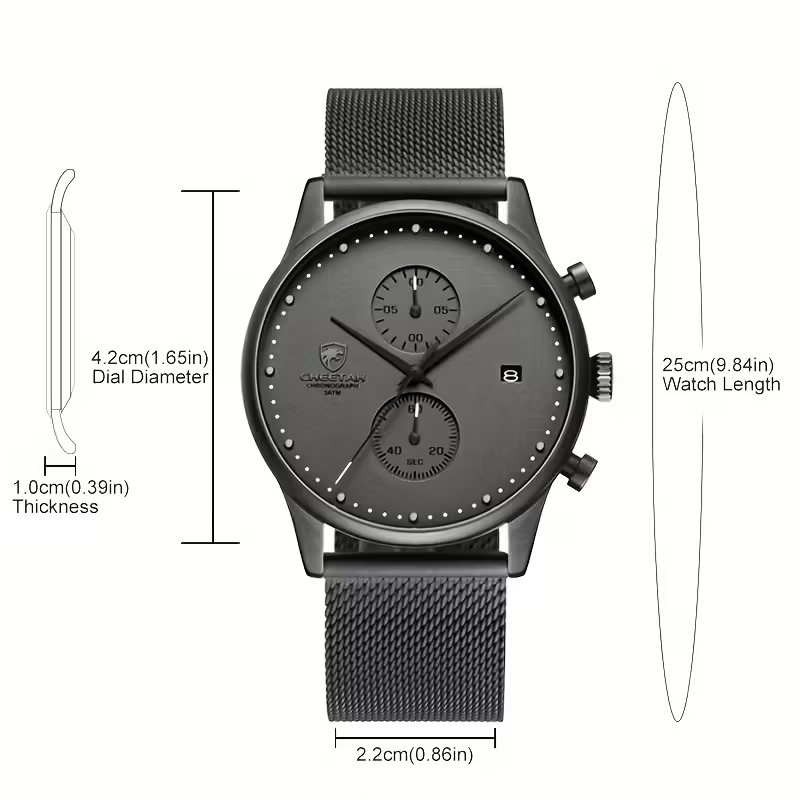 ⌚ CHEETAH Men’s Luxury Chronograph Watch ✨ | Quartz Precision ⏱️ | Steel Mesh Band ⛓️
