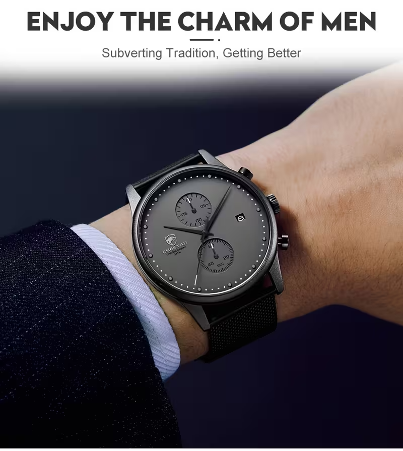 ⌚ CHEETAH Men’s Luxury Chronograph Watch ✨ | Quartz Precision ⏱️ | Steel Mesh Band ⛓️